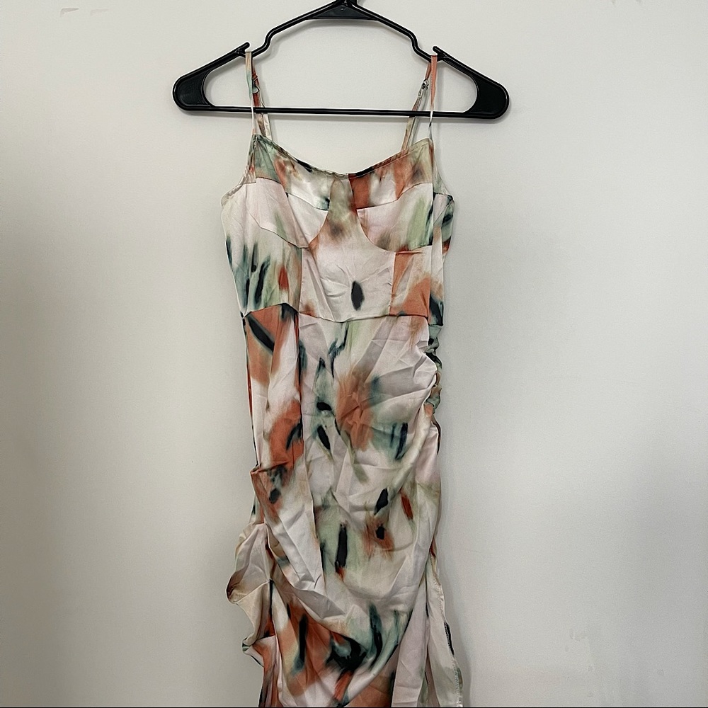 Multicolored patterned satin midi dress